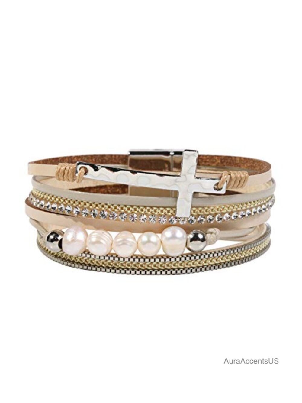 Leather Wrap Bracelet with Cross Charm Magnetic Clasp Women Cuff Bangle